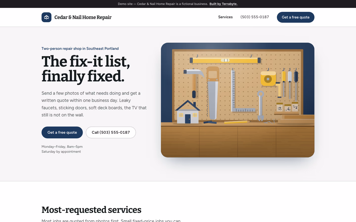 Home page of the demo business, shown on a laptop