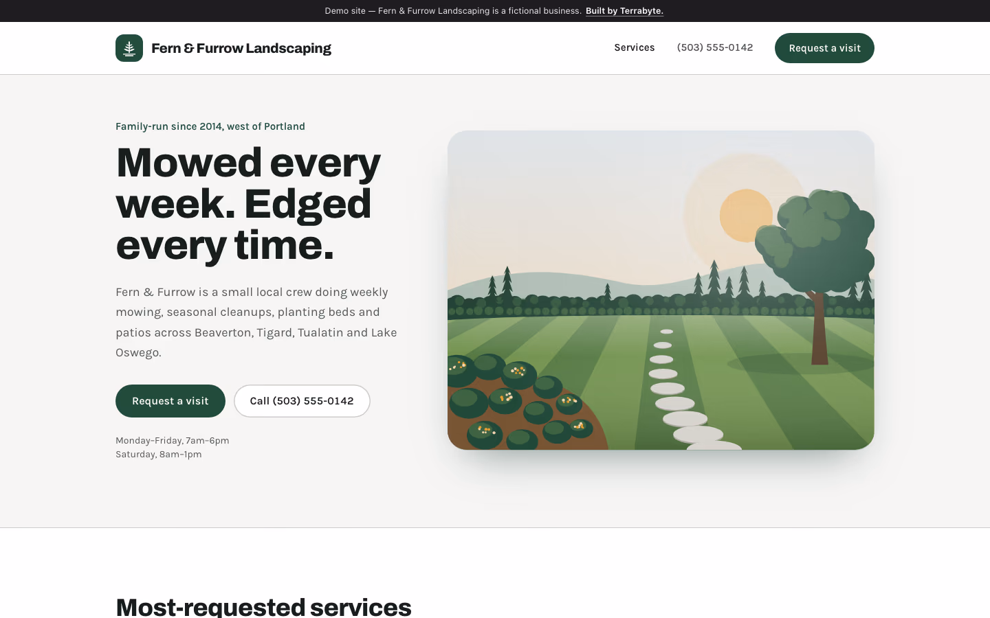 Home page of the demo business, shown on a laptop