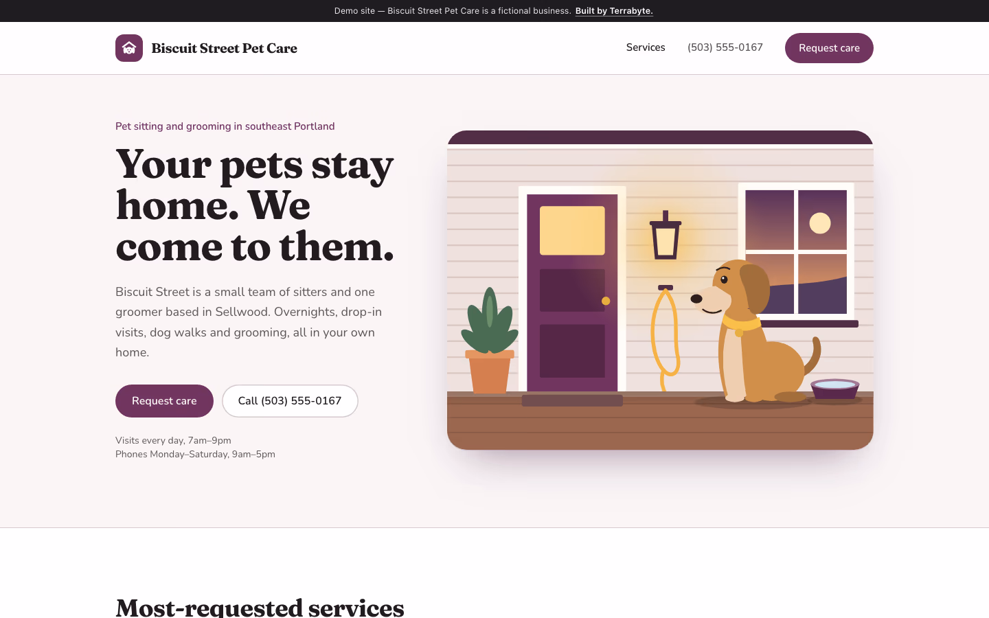 Home page of the demo business, shown on a laptop