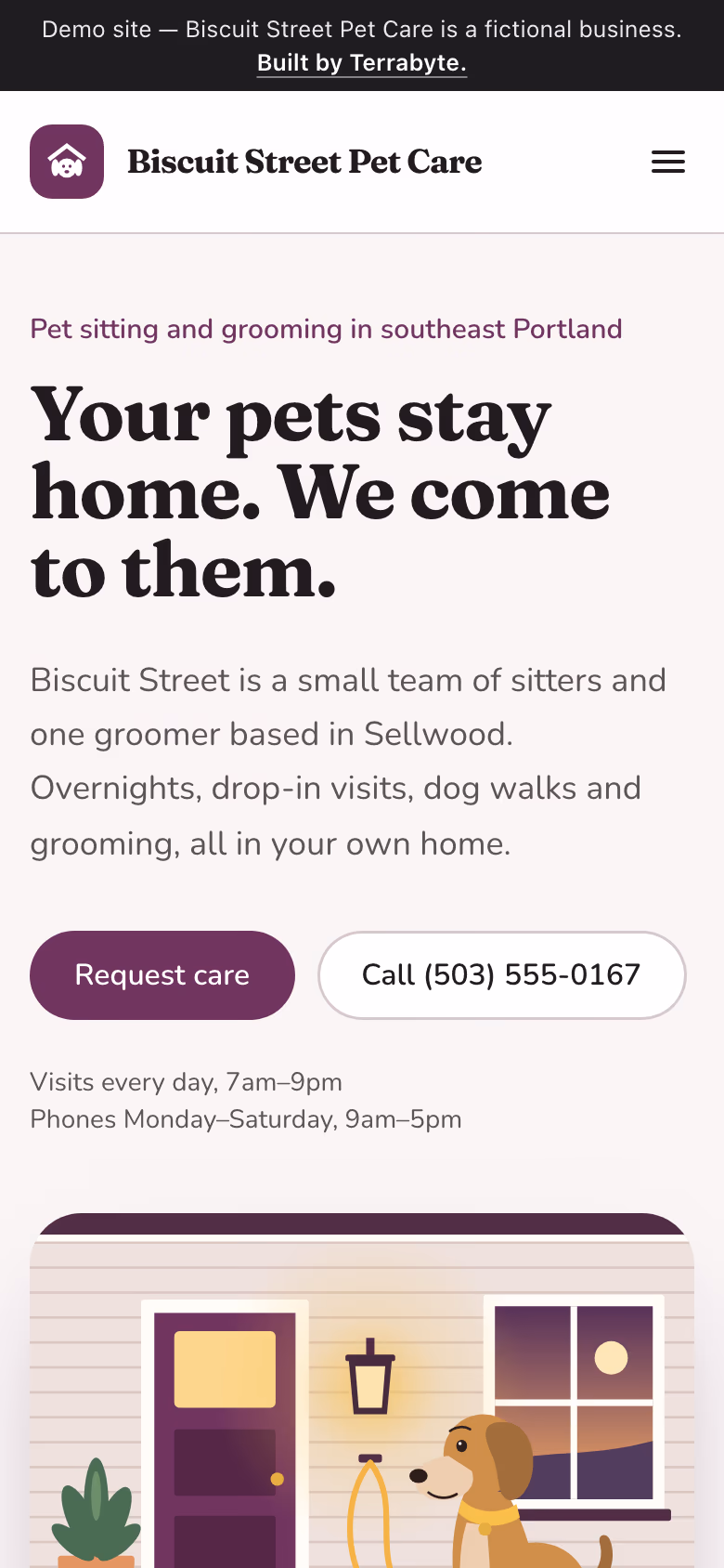 The Pet Care demo site on a phone