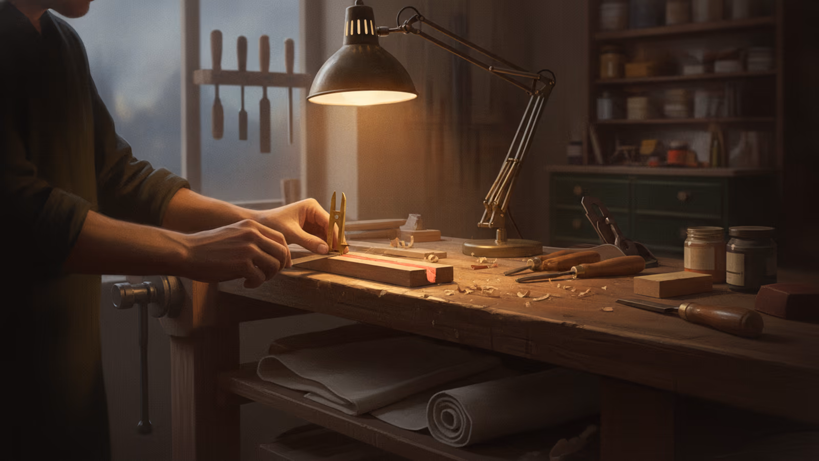 A craftsperson measuring a wood repair at a well-used workbench