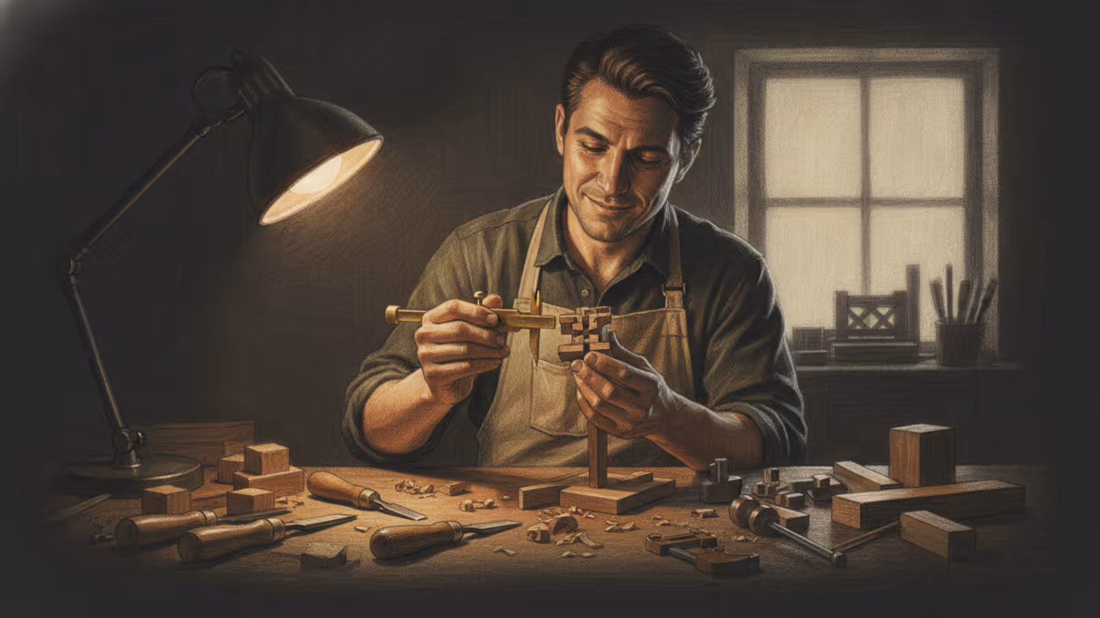 A craftsperson measuring a wood repair at a well-used workbench