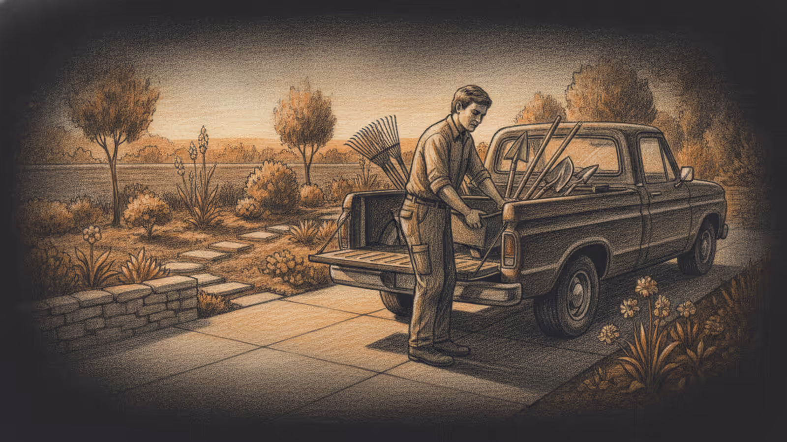 A landscaper packing tools into a work truck beside a finished garden